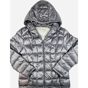 Calvin Klein Women’s Packable Down Puffer Jacket Gray Metallic Hooded 0X
